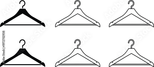Clothes Hanger Icon Set with Solid and Outline Styles, Minimal Wardrobe Storage Symbols for Fashion Retail, Laundry, Closet Organization, and Apparel Design