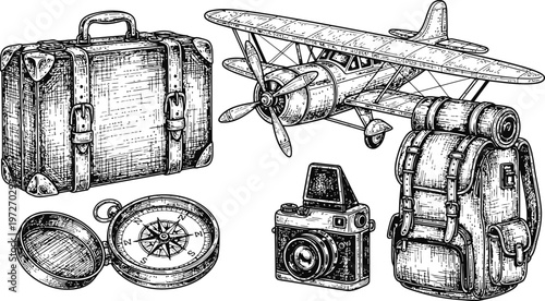 Vintage Travel Essentials Collection: Suitcase Biplane Compass Camera and Backpack Hand-Drawn Sketch Style