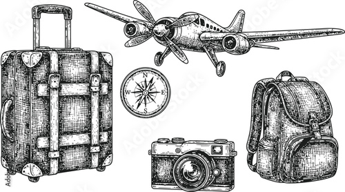Vintage Travel Essentials: Luggage Airplane Compass Camera and Backpack in Detailed Sketch Style
