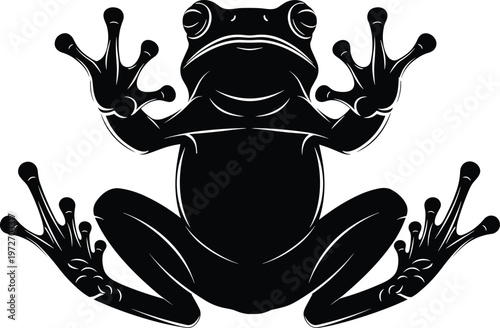 Stylized black frog silhouette with wide eyes and splayed feet.
