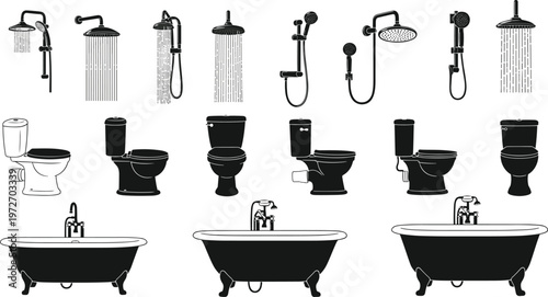 Black bathroom fixtures including bathtubs toilets and shower heads.
