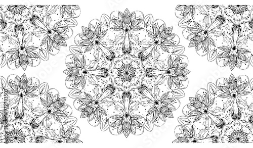 Symmetrical tropical batik seamless pattern with lotus flowers and ornamental leaves in circular medallion vector design
