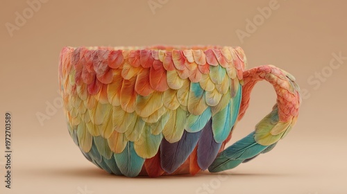 Floating Ceramic Coffee Cup with Parrot Wing Handle on Soft Beige Background