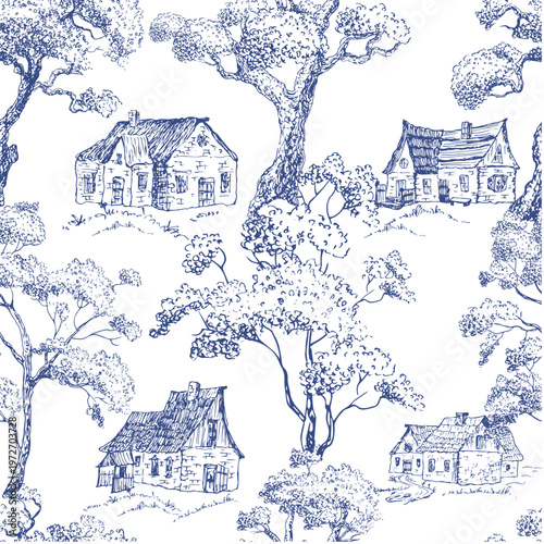 Country house, cottage under tree, hand drawn blue toile de Jouy pen drawing, wallpaper, textile pattern.