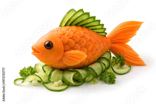 A vegetable carving shaped like a fish, using carrot and cucumber in a white background