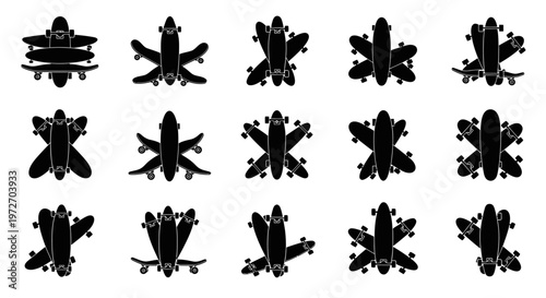 Collection of black skateboarder silhouettes in various dynamic poses on white background for design