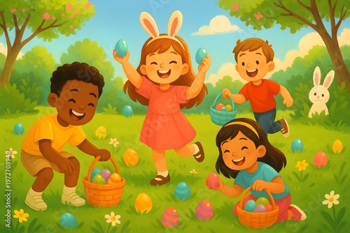 Children participating in an Easter egg hunt in a sunny park, with colorful eggs and bunny decorations