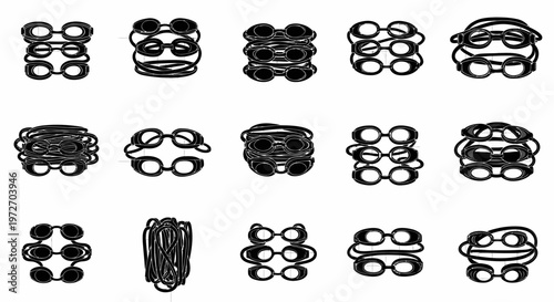 Detailed illustration of various rubber band configurations on a grid background for organization and design purposes