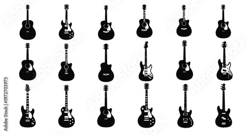 Collection of various black and white electric guitars on white background music instruments