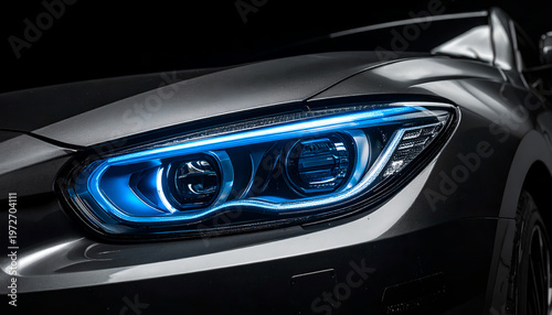 Sleek modern car's blue LED headlight illuminates a dark studio with advanced automotive design.
