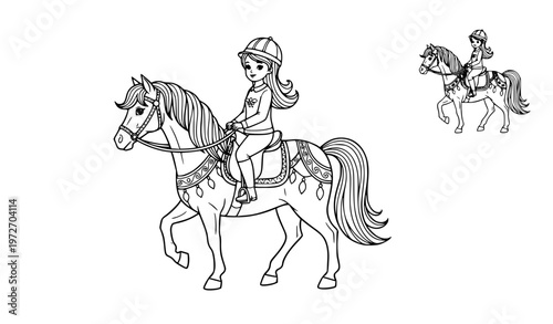 SEO Title:
Girl riding pony coloring page vector illustration whimsical horse outline with coloring sample isolated on white background