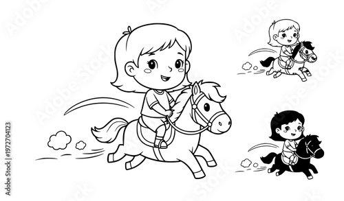 SEO Title:
Happy girl riding horse coloring book page vector illustration with color sample isolated on white background