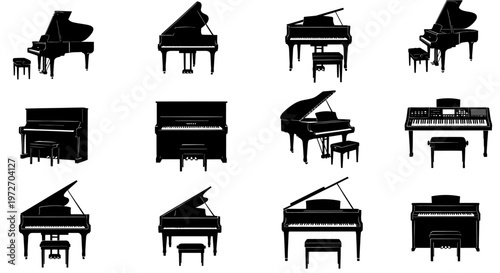 Collection of various black piano silhouettes on white background for music and instrument concepts