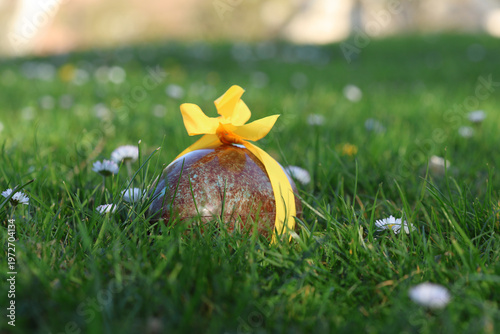 PARIS, FRANCE - APRIL 4, 2026: A large chocolate Easter egg hidden in the green grass. The Easter egg hunt tradition
