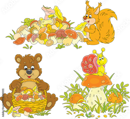 Funny brown bear mushroomer with a big wicker basket full of picked mushrooms, a red squirrel with its harvest and a small snail on a cep on a forest glade, a set of vector cartoon illustrations