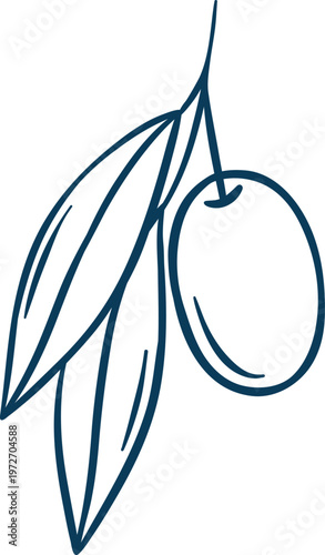 Mediterranean blue line doodle of a single olive with leaf. Minimalist food icon for Greek or Italian cuisine branding