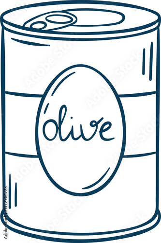 Jar of pickled olives, simple vector icon in doodle and sketch style with Mediterranean blue line. Hand-drawn preserved food for food menus or Mediterranean branding