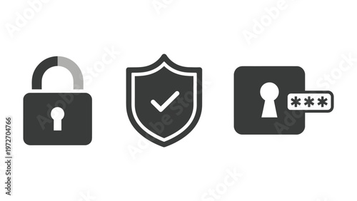 Security icons: lock, shield with checkmark, and password