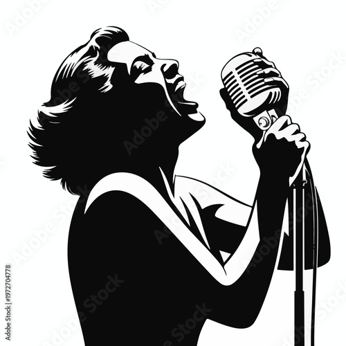Female Singer with Microphone Silhouette – Vintage Music Performance Vector Illustration