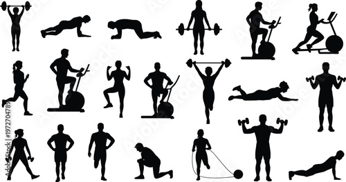 Fitness workout silhouettes set gym exercise poses flat vector illustration for web print