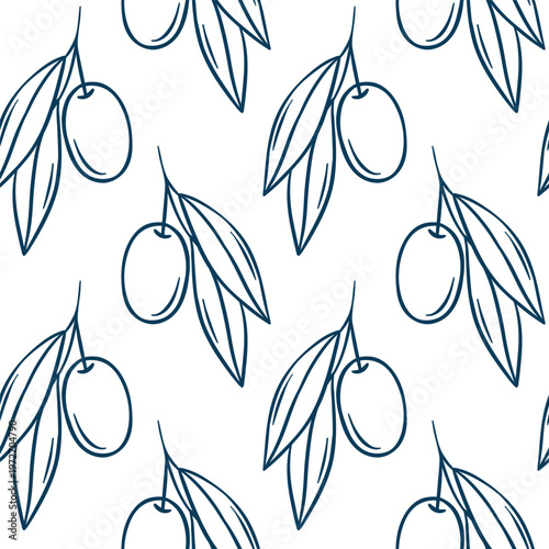 Olive on a branch, simple vector pattern in doodle and sketch style with Mediterranean blue line. Hand-drawn repeating design for kitchen textiles or Mediterranean food packaging