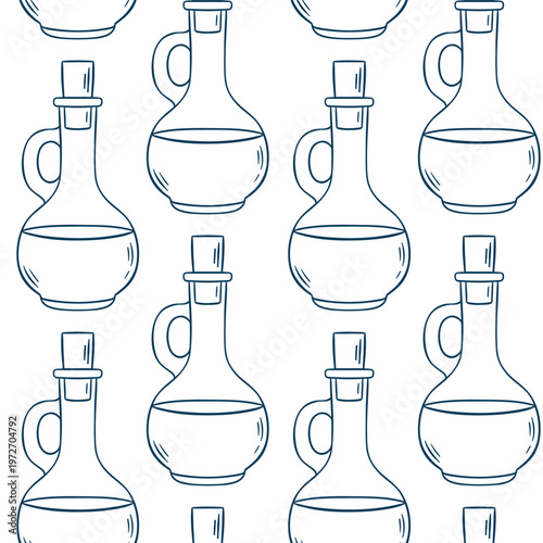 Olive oil bottle pattern in Mediterranean blue sketch style. Simple doodle repeat for kitchen textiles or Italian restaurant branding