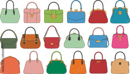 Collection of Handbags in Various Colors and Styles