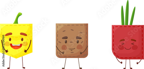 Set paprika potato onion shaped patch pocket. Character pocket paprika potato onion. Isolated on white background.