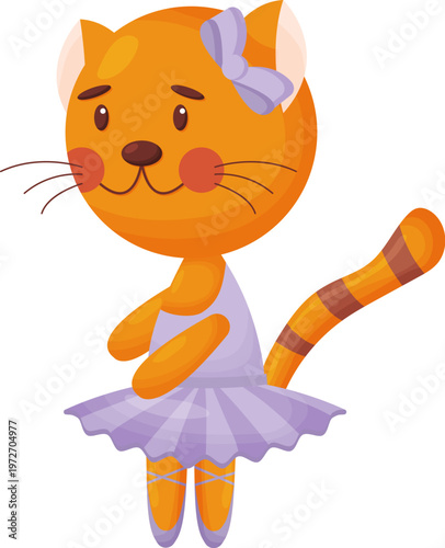 Happy cute cat, kitten character, ballet dancer in pointed shoes and tutu skirt, cartoon vector illustration isolated on white background. Little cat baby animal, ballet dancer, ballerina in tutu