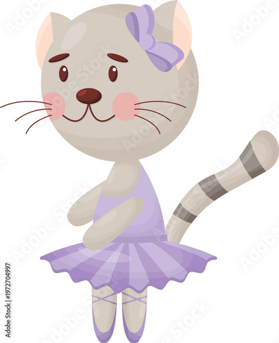 Happy cute cat, kitten character, ballet dancer in pointed shoes and tutu skirt, cartoon vector illustration isolated on white background. Little cat baby animal, ballet dancer, ballerina in tutu