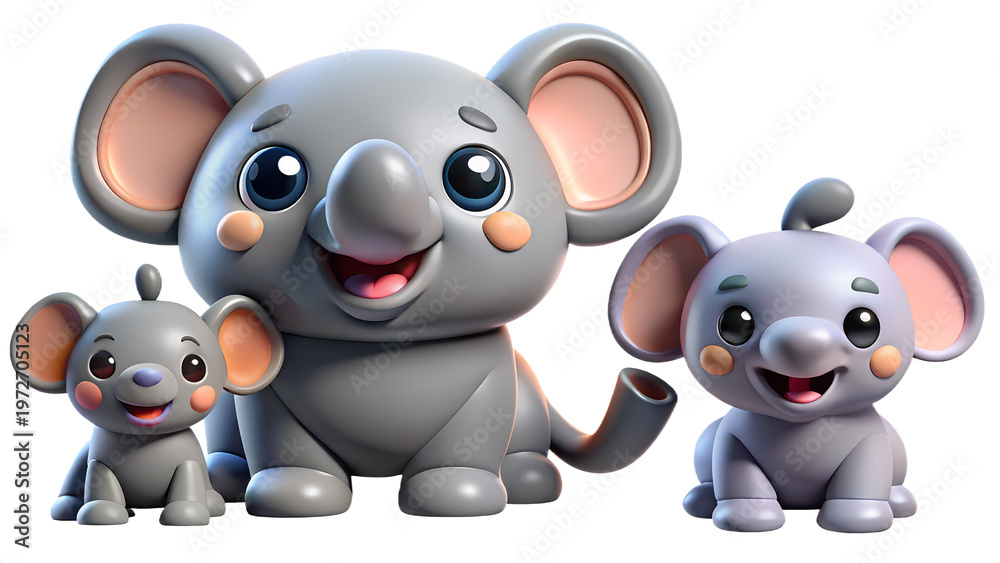 Naklejka premiumCute 3d cartoon baby elephant character smiling and playing with a fun toy isolated on white as a happy animal illustration