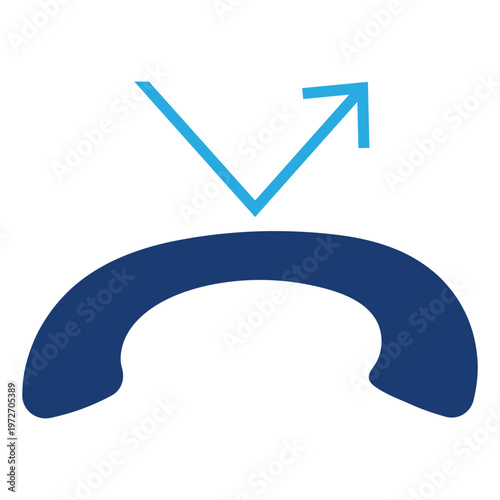 Blue phone receiver icon with reflection and upward arrow symbol handset telephone missed call