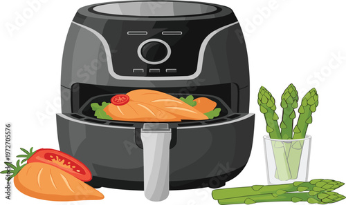 Air Fryer Cooking Illustration Featuring Healthy Meal Preparation with Salmon Fillet, Vegetables, and Modern Kitchen Appliance Flat Vector Design