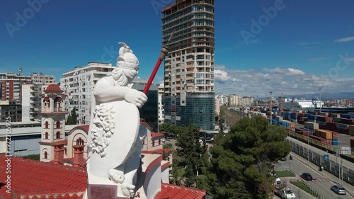 Symbolic maritime goddess sculpture on the facade of the former National Bank, Durres, Albania.