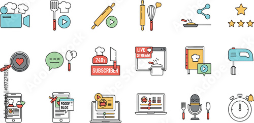 Cooking Content Creation and Food Blogging Icons Set Featuring Video Recording, Live Streaming, Recipes, Reviews, and Digital Media Engagement Vector Collection