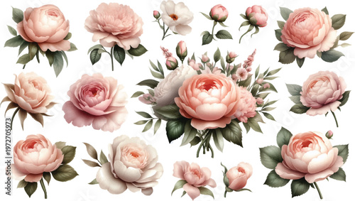Vintage Watercolor Floral Background, Dusty Rose Flowers, Romantic Wedding Design