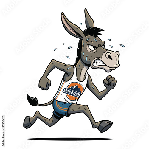 Running Donkey Marathon Runner with Sweat and Bib