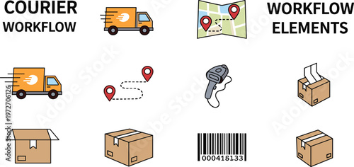 Courier Delivery Workflow Icons Set Featuring Shipping Truck, Package Boxes, Barcode Scanner, Location Tracking, and Logistics Process Elements Flat Vector Collection