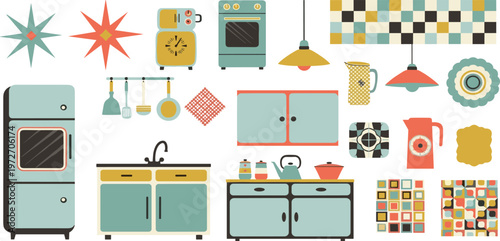 Cozy Kitchen Homeware Icons Set Featuring Coffee Maker, Tableware, Utensils, Bread, Plants, and Scandinavian Style Interior Elements Flat Vector Collection