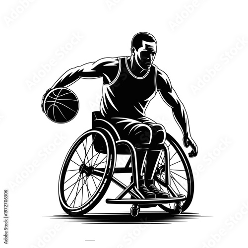 Dynamic vector illustration of a male athlete in a sports wheelchair playing basketball for adaptive sports concept and strong determination