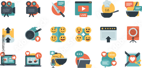 Food Content Creation and Social Media Icons Set Featuring Cooking Video Production, Live Streaming, Reviews, Engagement, and Digital Marketing Elements Vector Collection