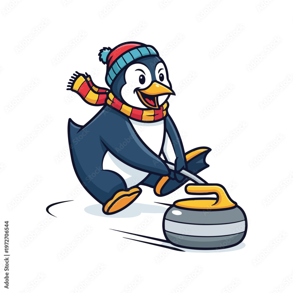 Fototapeta premium Penguin curling action with broom and stone