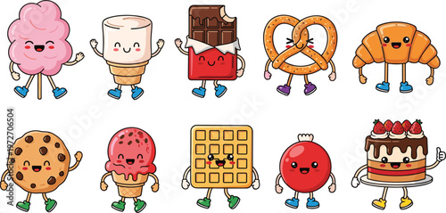  Cute Cartoon Dessert Characters Collection Featuring Cotton Candy, Coffee, Chocolate, Pretzel, Croissant, Cookie, Ice Cream, Waffle, Candy Apple, and Cake Illustrations