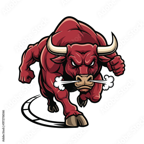 Aggressive red bull charging forward with steam breath and horns