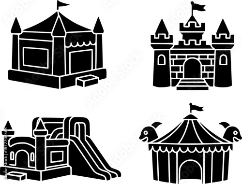 Bounce house icons set multiple style collection. Editable stroke
vector silhouette illustration isolated on white background 