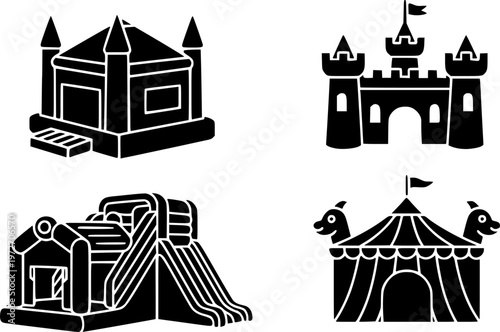 Bounce house icons set multiple style collection. Editable stroke
vector silhouette illustration isolated on white background 