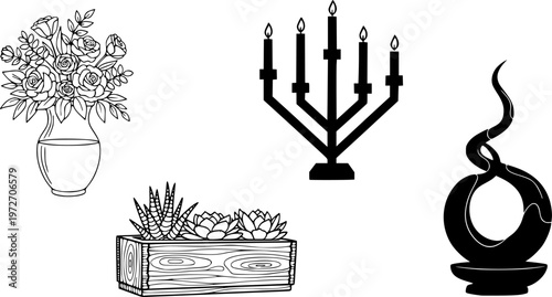 Table centerpiece icons set multiple style collection. Editable stroke
vector silhouette illustration isolated on white background 