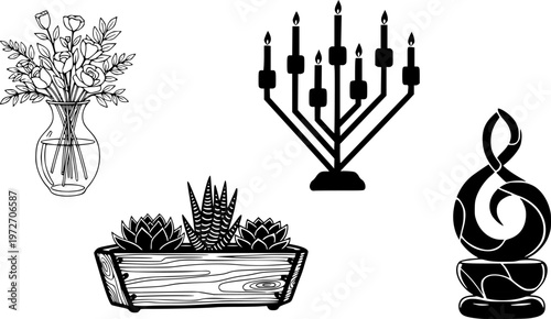 Table centerpiece icons set multiple style collection. Editable stroke
vector silhouette illustration isolated on white background 