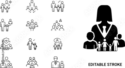 Beneficiary icons set multiple style collection. Editable stroke
vector silhouette illustration isolated on white background 