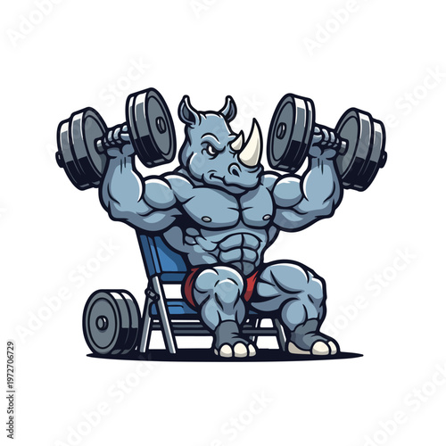 Powerful rhinoceros bodybuilder lifting dumbbells on bench press